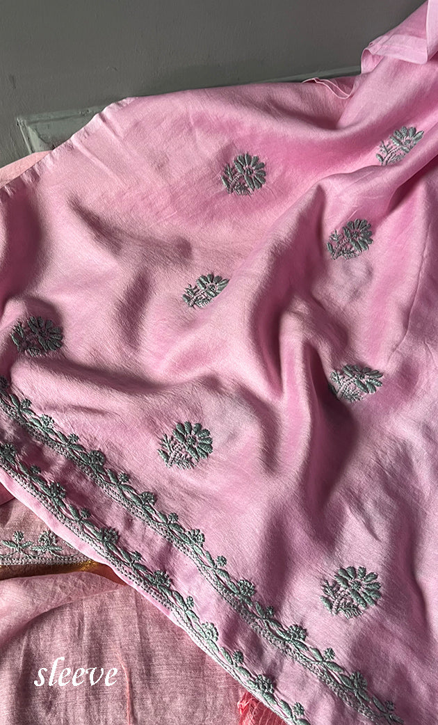Women's Lakhnavi Handcrafted Chanderi Silk Chikankari Full Suit Material - N50347
