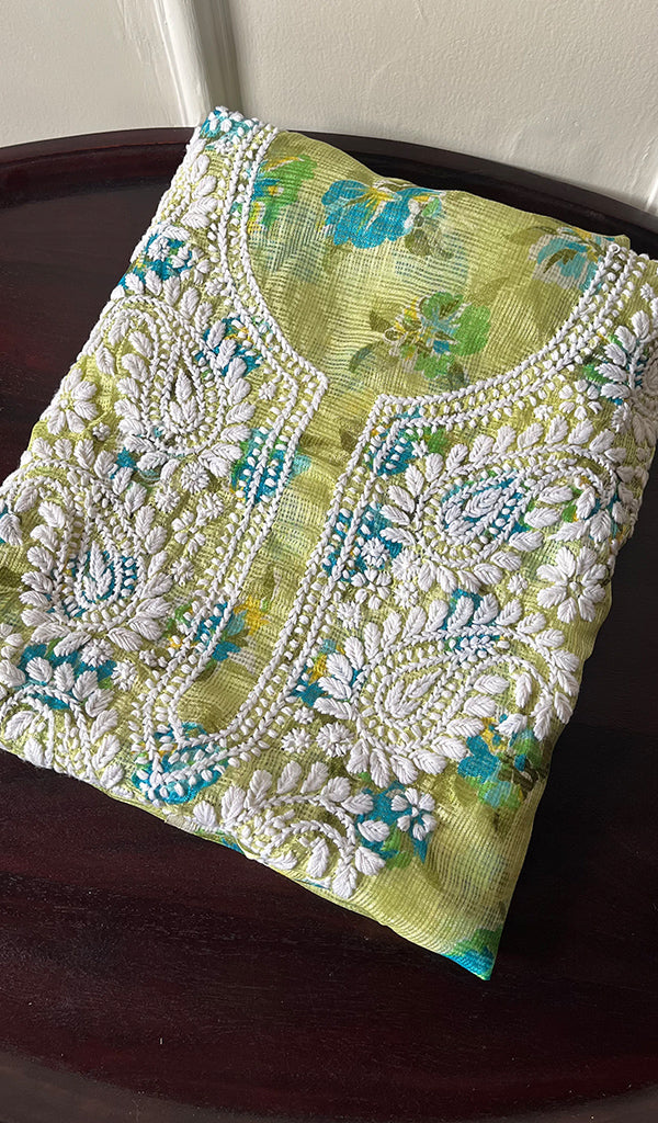Women's Lakhnavi Handcrafted Kota Cotton Chikankari Unstitched Kurti Fabric - HONC0268825