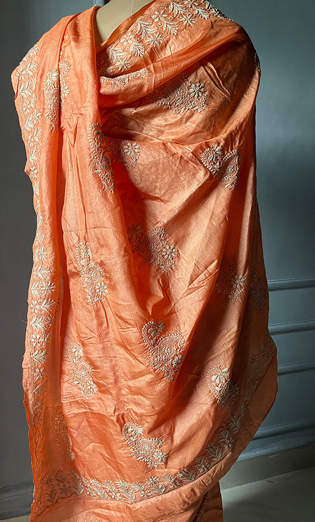 Women's Lakhnavi Handcrafted Tussar Silk Chikankari Saree - HONC0302377