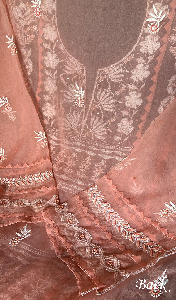 Women's Lakhnavi Handcrafted Pure Organza Chikankari Semi - Stitched Kurta And Dupatta Set- HONC0310093