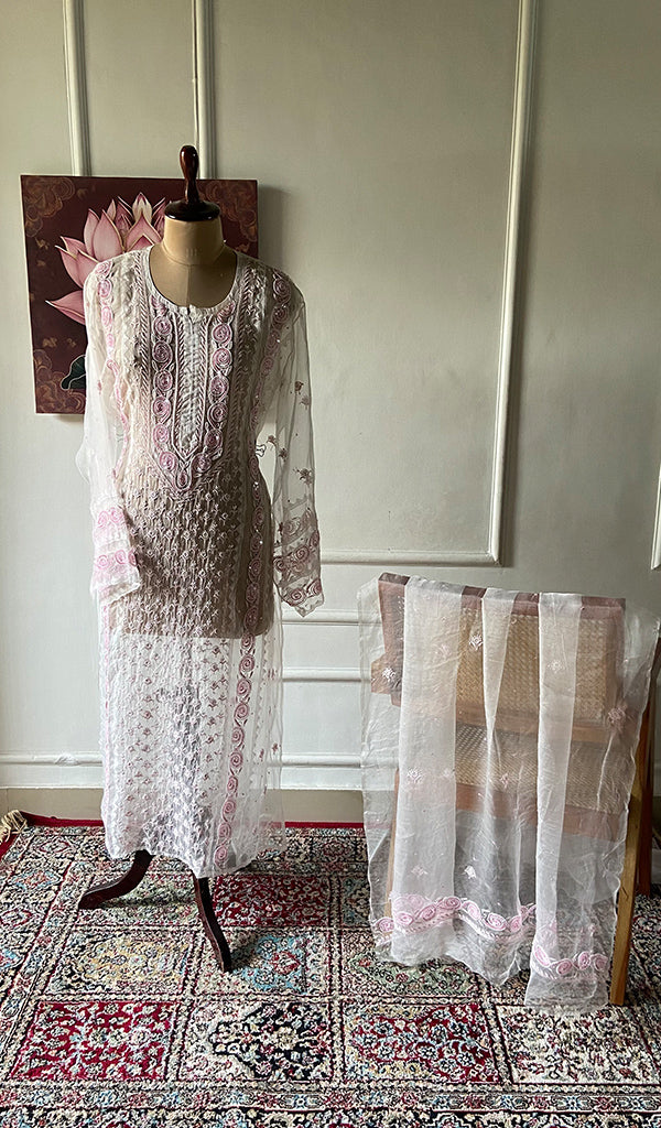 Women's Lucknowi Handcrafted Pure Organza Silk Chikankari Semi- stitched Kurta Dupatta Set- HONC0359785
