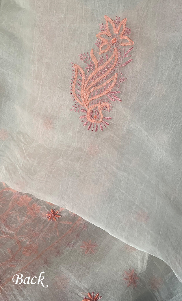 Women's Lakhnavi Handcrafted Pure Organza Chikankari Unstitched Kurta And Dupatta Set- HONC0331057