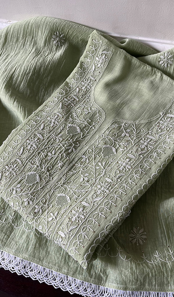 Women's Lakhnavi Handcrafted Mul Chanderi Chikankari Semi Stitched Kurta And Dupatta Set- HONC0293269