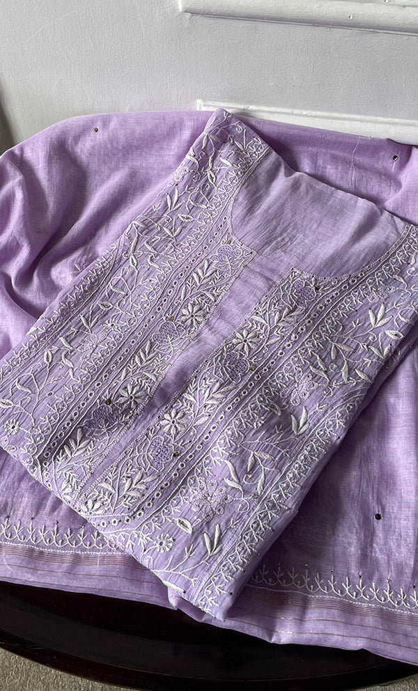 Women's Lakhnavi Handcrafted Mul Chanderi Semi -stitched Chikankari Full Suit Material - HONC0296116