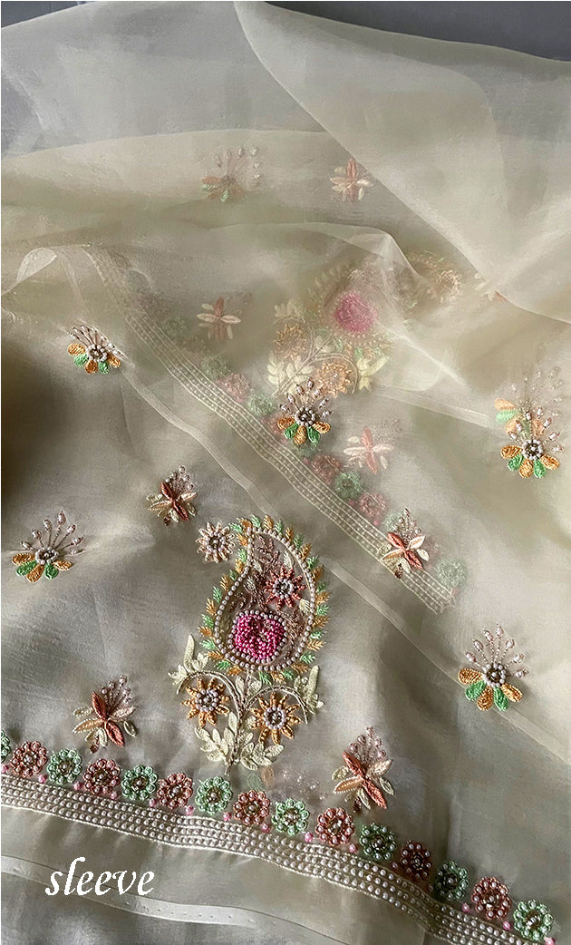 Women's Lakhnavi Handcrafted Pure Organza Chikankari Unstitched Kurta And Dupatta Set- HONC0267221