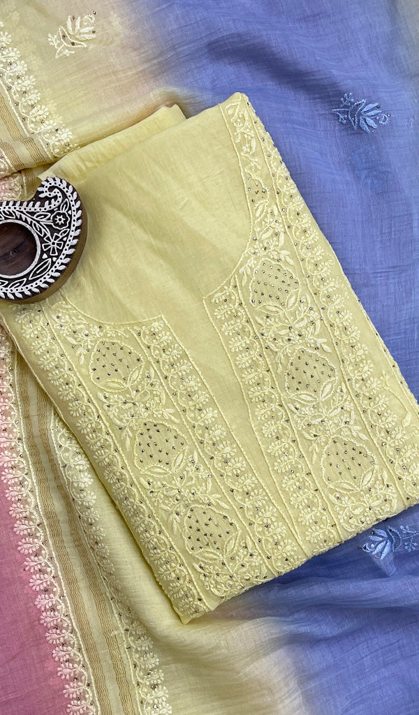 Women's Lakhnavi Handcrafted Mul Chanderi Chikankari Kurta And Dupatta Set- HONC0134550