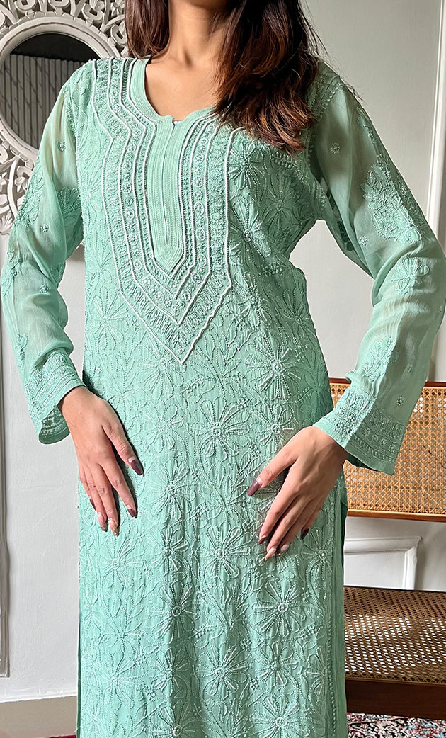 Women's Lakhnavi Handcrafted Viscose Georgette Chikankari Kurti - HONC0318834