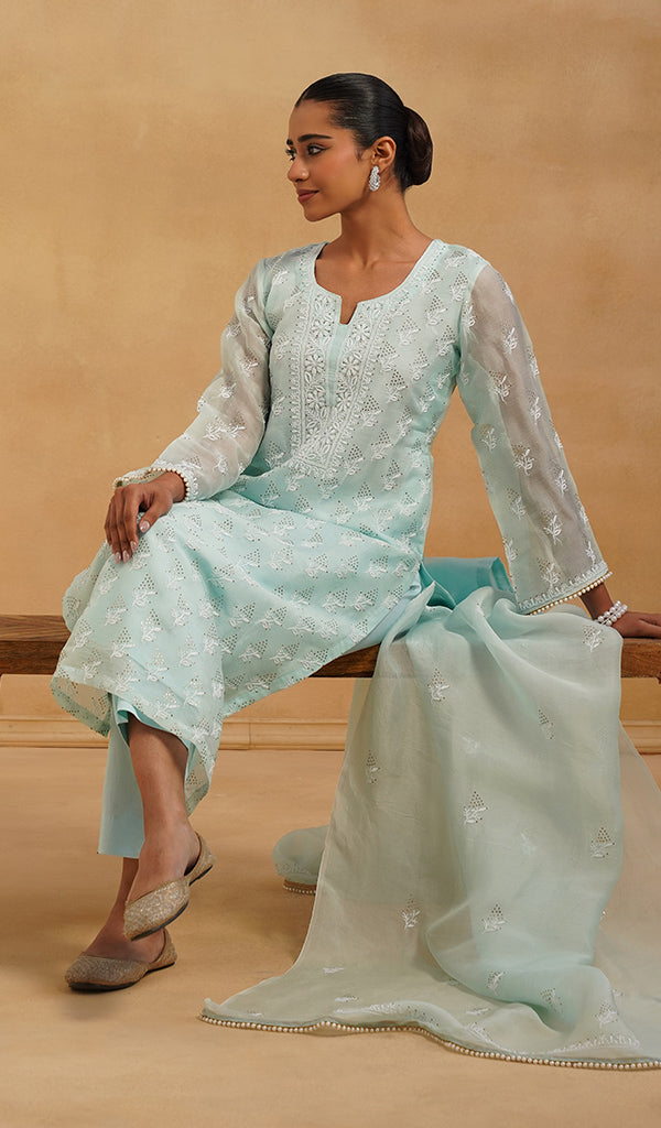 Women's Lucknowi Handcrafted Pure Organza Silk Stitched Chikankari Kurta, Dupatta With Pant Set- HONC0543190