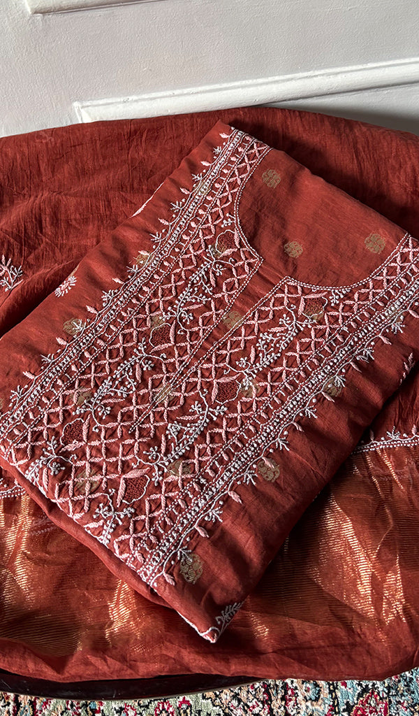 Women's Lakhnavi Handcrafted Mul Chanderi Unstitched Chikankari Full Suit Material - HONC0321896