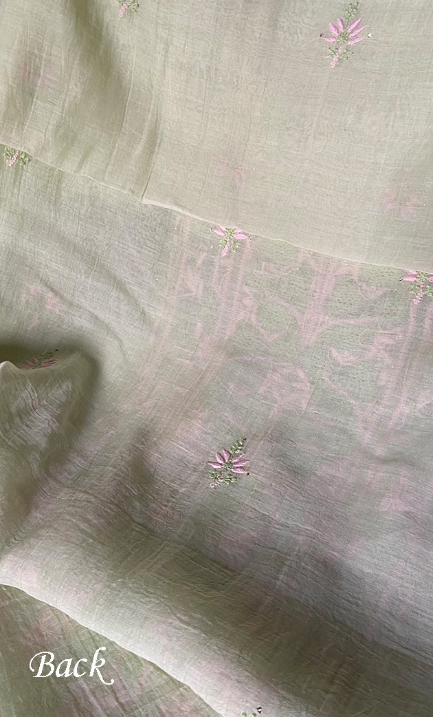 Women's Lakhnavi Handcrafted Mul Chanderi Unstitched Chikankari Full Suit Material - HONC0324497