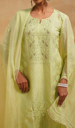 将图像加载到图库查看器中， Women's Lucknowi Handcrafted Pure Organza Silk Stitched Chikankari Kurta, Dupatta With Pant Set- HONC06548565
