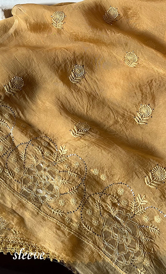 Mainaaj Women's Lakhnavi Handcrafted Pure Organza Chikankari Unstitched Kurta And Dupatta Set - HONC0330933