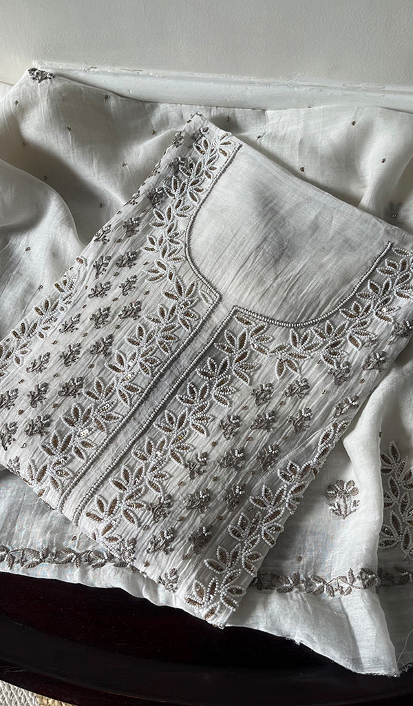 Saziya Women's Lakhnavi Handcrafted Mul Chanderi Semi - Stitched Kurta And Dupatta Set - HONC0300392