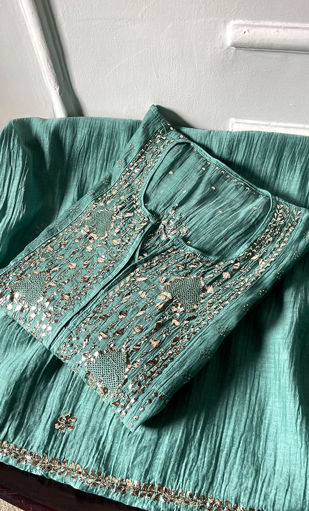 Women's Lakhnavi Handcrafted Mul Chanderi Semi - Stitched Kurta And Dupatta Set - HONC0323624