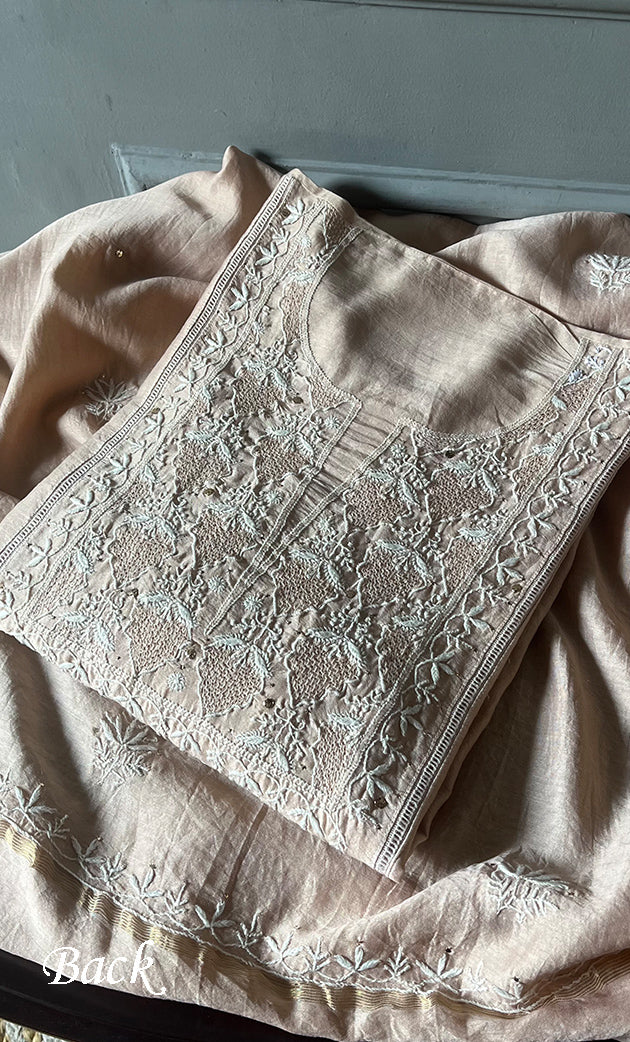 Women's Lakhnavi Handcrafted Chanderi Silk Semi - Stitched Kurta And Dupatta Set - HONC0284756