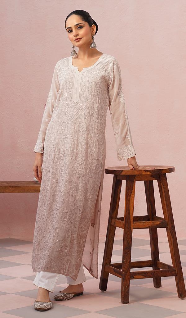 Safiya Women's Lakhnavi Handcrafted Viscose Georgette Chikankari Kurti - HONC04654925