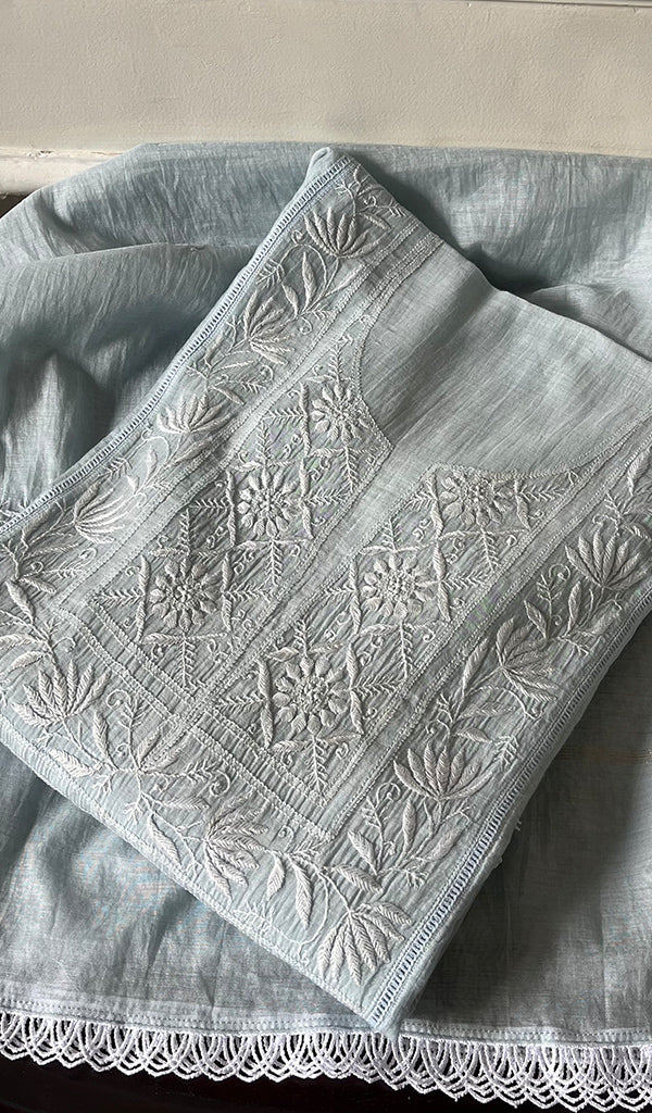Women's Lakhnavi Handcrafted Mul Chanderi Chikankari Semi Stitched Kurta And Dupatta Set- HONC0299470