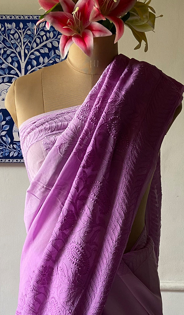 Women's Lakhnavi Handcrafted Viscose Georgette Chikankari Saree - HONC090396
