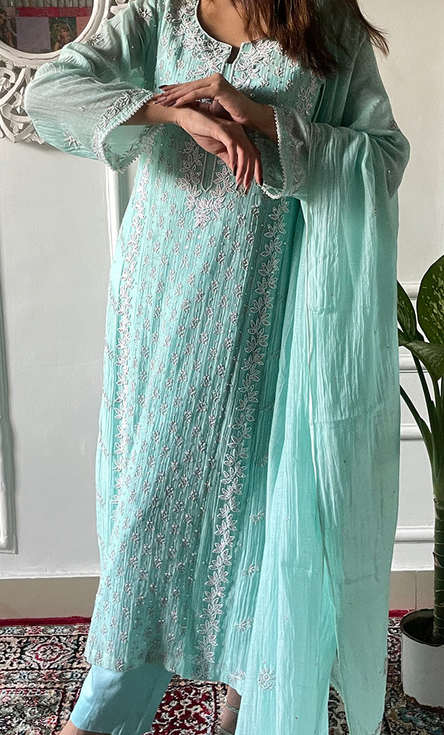 Women's Lakhnavi Handcrafted Mul Chanderi Chikankari Stitched Kurta, Dupatta And Pant Set - HONC0322167