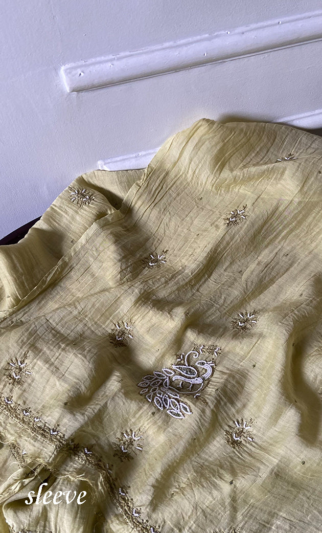 Women's Lakhnavi Handcrafted Mul Chanderi Unstitched Chikankari Full Suit Material - HONC0339571