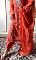 Load image into Gallery viewer, Women's Lakhnavi Handcrafted Mul Chanderi Chikankari Stitched Kurta, Dupatta And Pant Set - HONC0332155