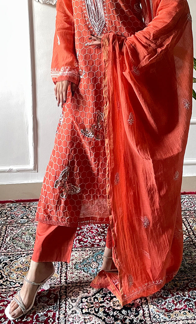 Women's Lakhnavi Handcrafted Mul Chanderi Chikankari Stitched Kurta, Dupatta And Pant Set - HONC0332155