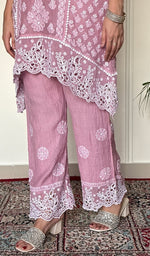 Women's Lucknowi Handcrafted Mul Chanderi Stitched Chikankari Short Kurta And Plazzo Set .
