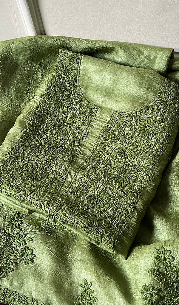 Women's Lakhnavi Handcrafted Tussar Silk Chikankari Full Suit Material -  HONC0269545