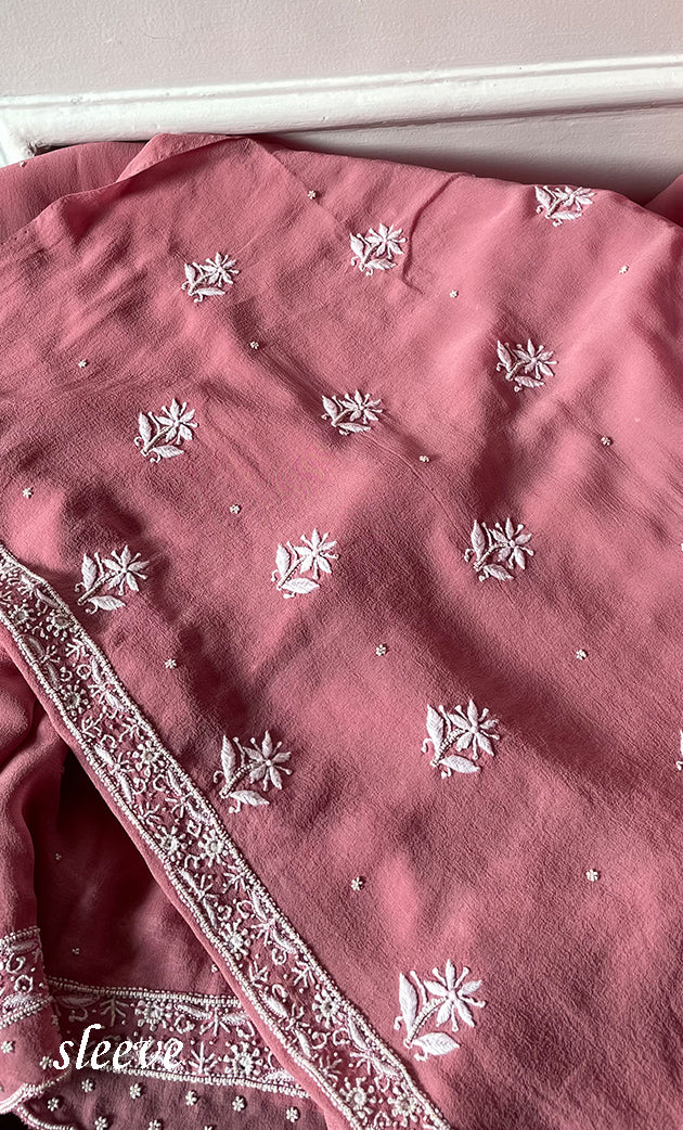 Women's Lakhnavi Handcrafted Pure Silk Georgette Chikankari Kurta And Dupatta Set- HONC0291005