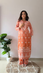 Load image into Gallery viewer, Women's Lucknowi Handcrafted Mul Chanderi Stitched Chikankari Kurta And Plazzo Set- HONC0379063