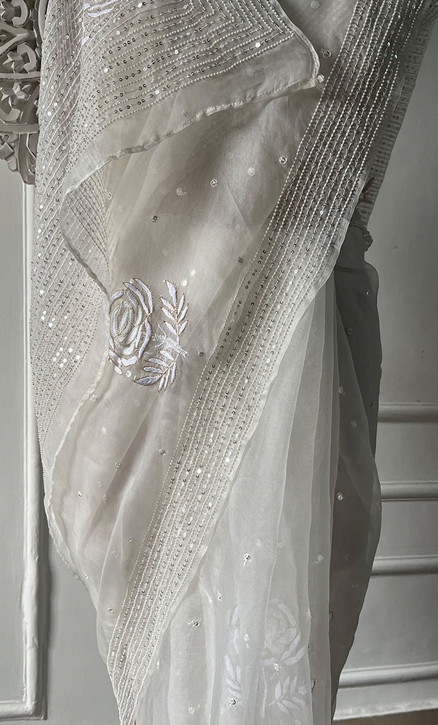 Women's Lucknowi Handcrafted Pure Organza Silk Chikankari Saree - HONC0307590