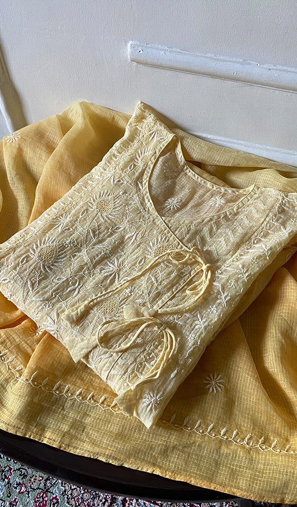 Women's Lucknowi Handcrafted Kota Cotton Chikankari Semi Stitched Kurta And Dupatta Set - HONC0318330