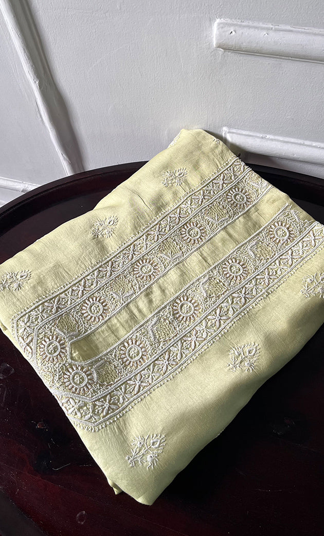 Lucknowi Handcrafted Chanderi Silk Chikankari Unstitched Unisex Kurta Fabric - HONC0275124