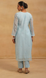 Load image into Gallery viewer, Saziya Women's Lakhnavi Handcrafted Mul Chanderi Chikankari Stitched Kurta, Dupatta And Pant Set - HONC0464646