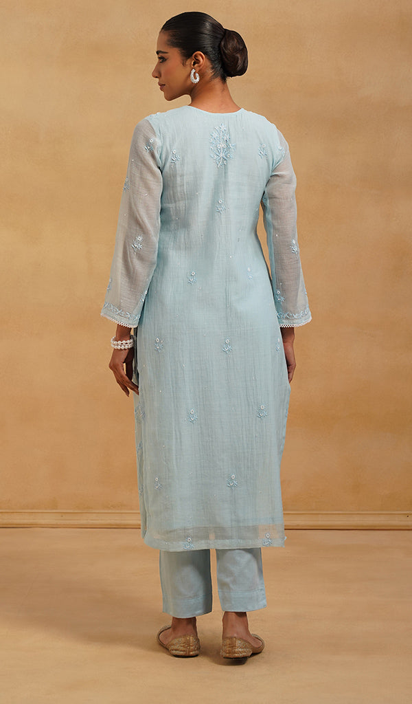 Saziya Women's Lakhnavi Handcrafted Mul Chanderi Chikankari Stitched Kurta, Dupatta And Pant Set - HONC0464646