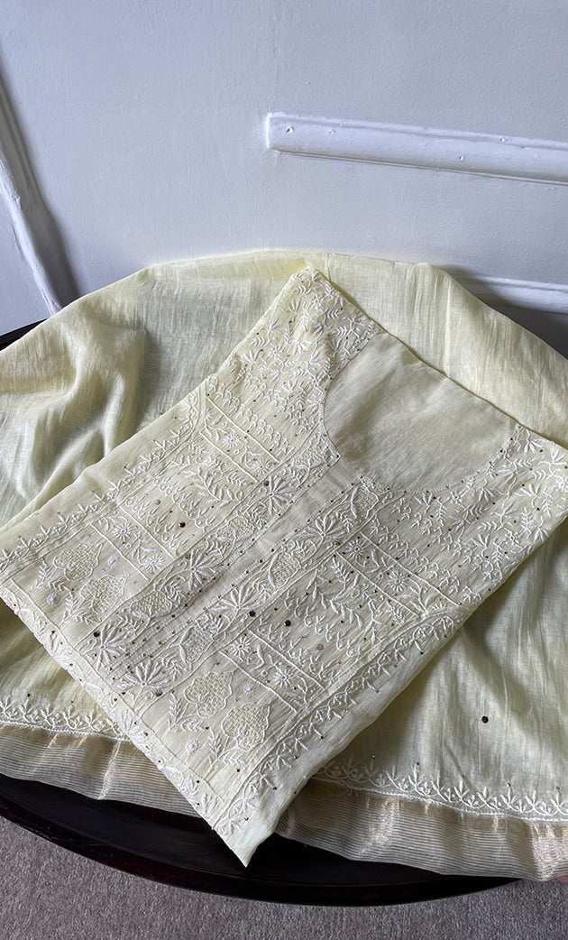 Women's Lakhnavi Handcrafted Mul Chanderi Semi -stitched Chikankari Full Suit Material - HONC0296119