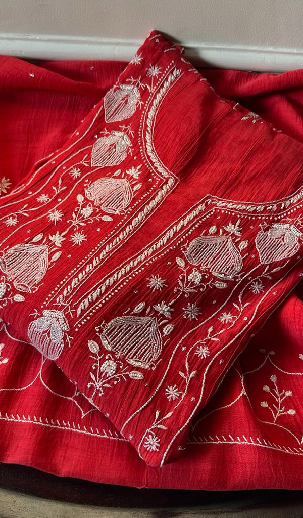 Laiba Women's Lakhnavi Handcrafted Mul Chanderi Semi - Stitched Anarkali And Dupatta Set - HONC0271849