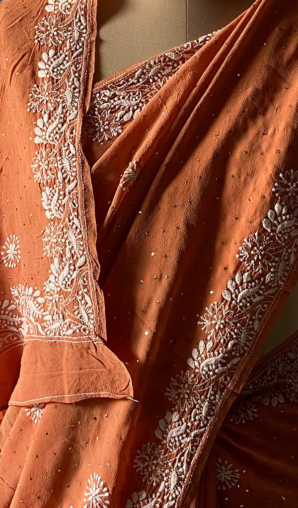 Women's Lakhnavi Handcrafted Pure Silk Georgette Chikankari Saree - HONC0216637