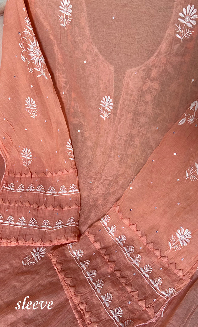 Women's Lakhnavi Handcrafted Mul Chanderi Semi - Stitched Kurta And Dupatta Set - HONC0284762