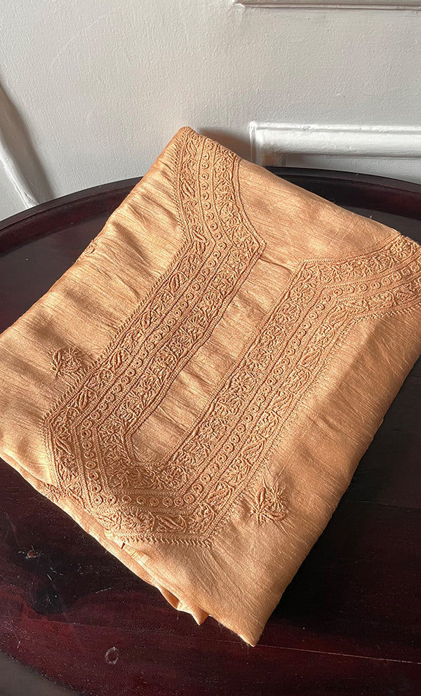 Lucknowi Handcrafted Raw Silk Chikankari Unstitched Men's Kurta Fabric - HONC0288529