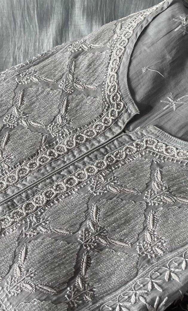 Women's Lakhnavi Handcrafted Mul Chanderi Semi - Stitched Kurta And Dupatta Set- HONC0309525