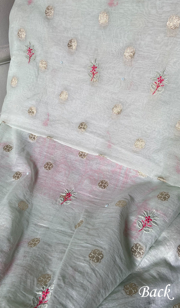 Women's Lakhnavi Handcrafted Mul Chanderi Unstitched Chikankari Full Suit - HONC03522040