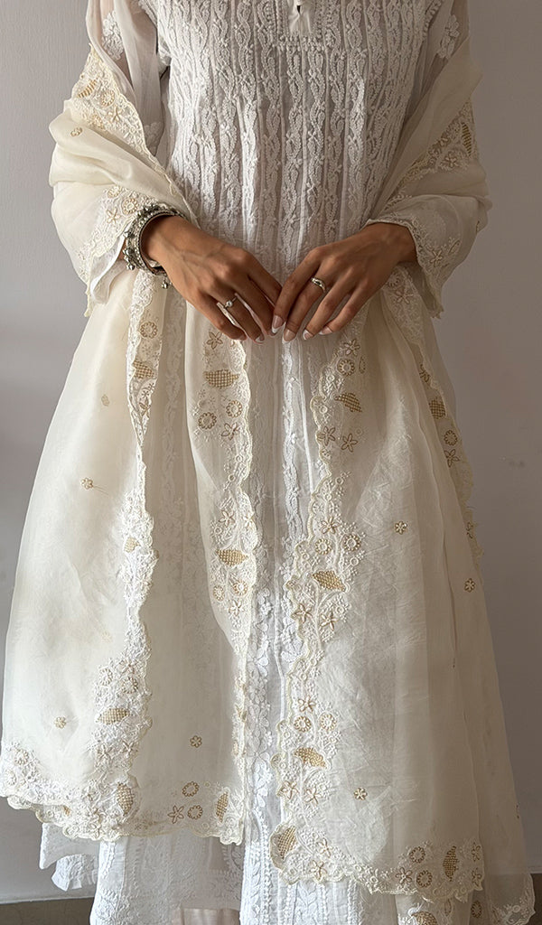 Women's Lucknowi Handcrafted Pure Organza Silk Chikankari Dupatta - HONC0380139