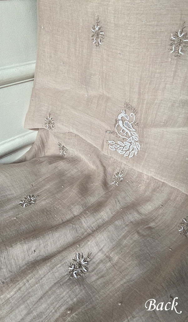 Women's Lakhnavi Handcrafted Mul Chanderi  Unstitched Chikankari Full Suit Material - HONC0339568