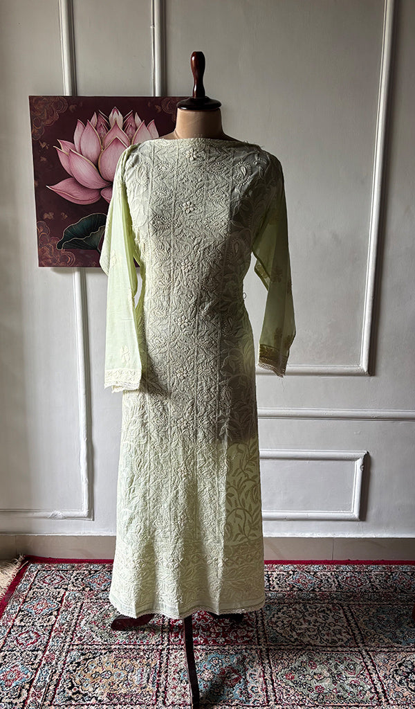 Women's Lakhnavi Handcrafted Cotton Chikankari Semi Stitched Kurti Fabric - HONC0348845