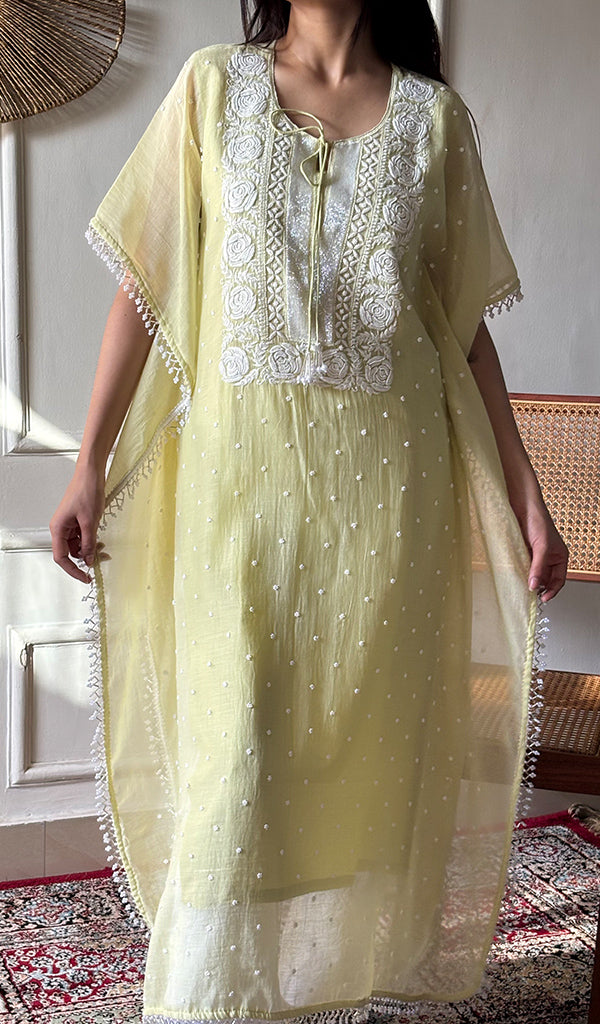 Women's Lucknowi Handcrafted Mul chanderi Chikankari Kaftan - HONC0164615