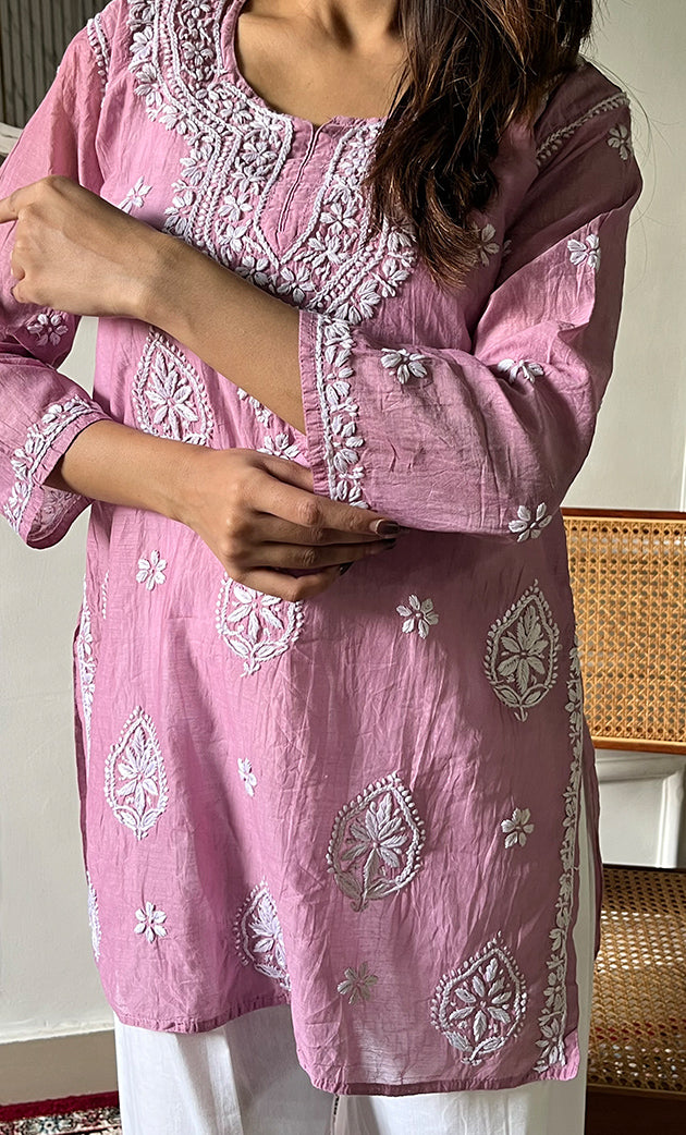 Ishani Women's Lakhnavi Handcrafted Mul Chanderi Chikankari Top - HONC0325406