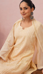 Load image into Gallery viewer, Women's Lakhnavi Handcrafted Mul Chanderi Chikankari Stitched Kurta, Dupatta And Pant Set - HONC0457995