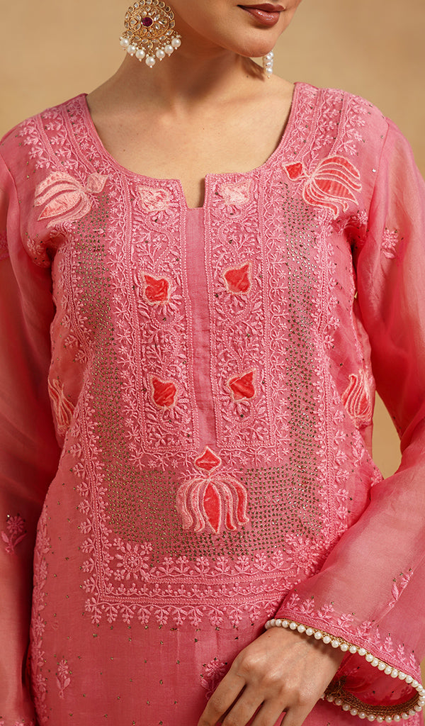 Women's Lucknowi Handcrafted Pure Organza Silk Stitched Chikankari Kurta, Dupatta With Pant Set- HONC0786058