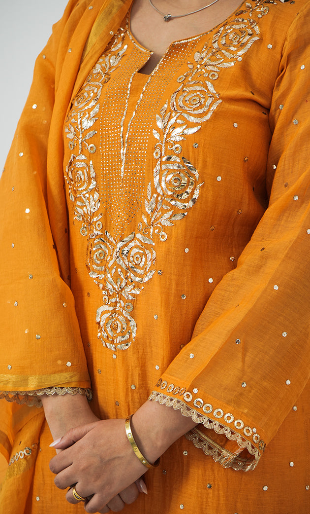 Shanaya Women's Lakhnavi Handcrafted Mul Chanderi Chikankari Stitched Kurta, Dupatta And Pant Set - HONC0322418